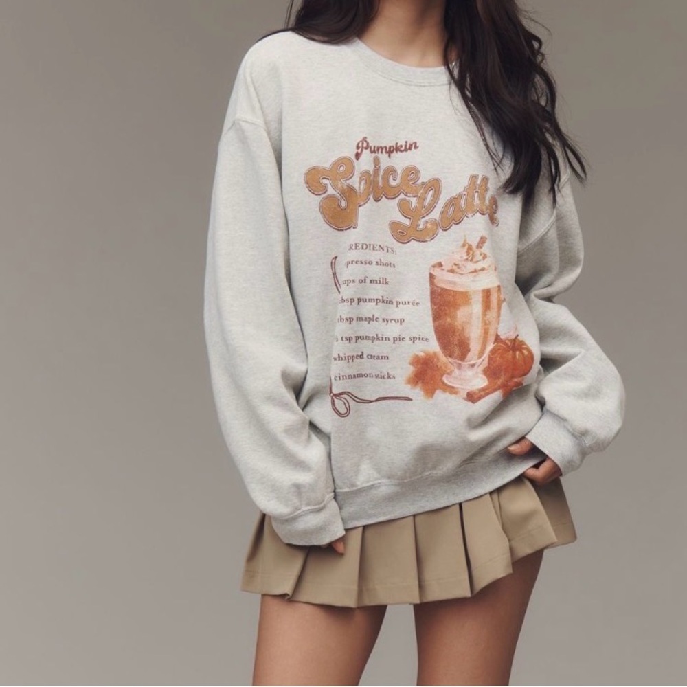 Anthropologie Pumpkin Spice Latte Graphic Sweatshirt Heathered Oatmeal Size XS
